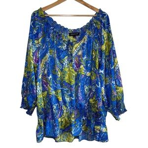 JNY Jones New York Women's Popover Blouse Top 2X Blue Floral Paisley 3/4 Sleeve